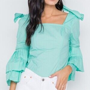 Lulumari Anthropologie Ruffle Quarter Sleeve Top Open Back Bows Aqua Cotton M